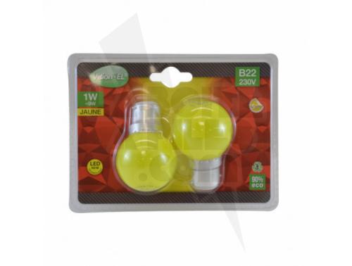 BLISTER DE 2 AMPOULES LED B22 COULEUR BULB 1W JAUNE